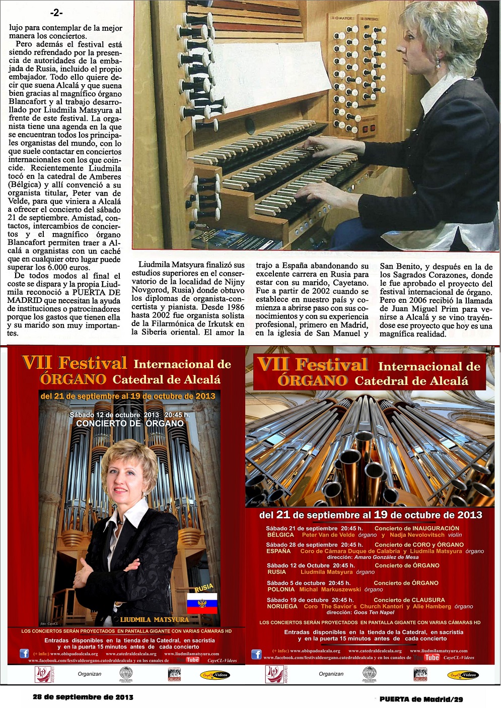 Revista PUERTA DE MADRID - articulo dedicado al VII Festival - 2013 y su Directora artística, organista Liudmila Matsyura - hoja 2